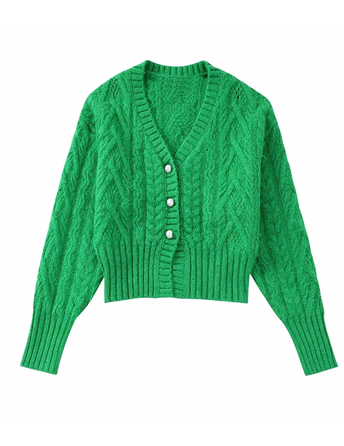 Fashion Green Knitted Button-down Cardigan
