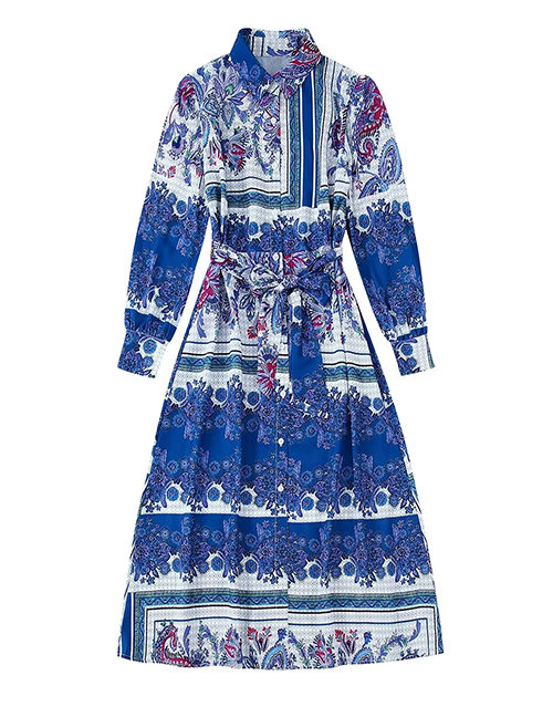 Fashion Blue Woven Print Dress