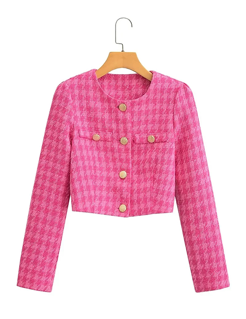 Fashion Rose Red Houndstooth Crewneck Buttoned Jacket