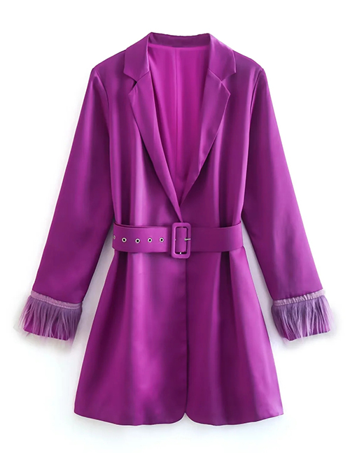 Fashion Purple Satin Feather Cuff Lapel Belted Blazer