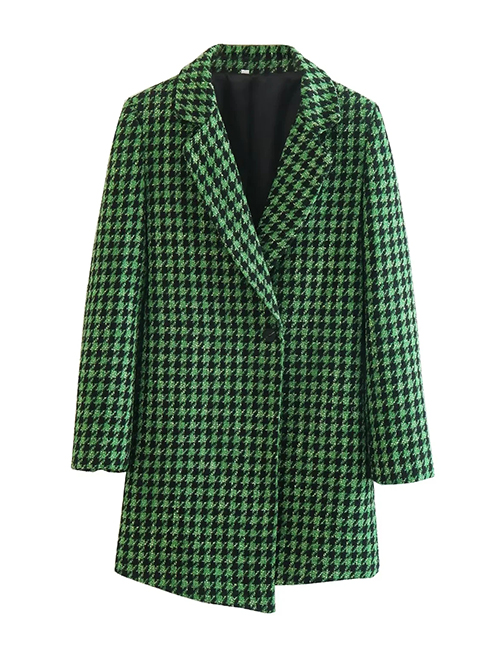Fashion Green Woven Houndstooth Single-button Blazer