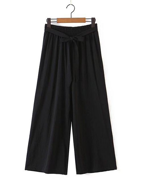 Fashion Black Polyester Lace-up Straight-leg Trousers