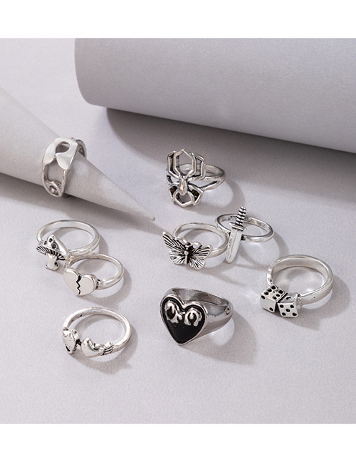 Fashion Antique Silver Alloy Heart Butterfly Sword Dice Spider Ring Set