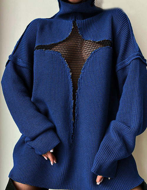 Fashion Dark Blue Mesh Sheer Knit Cutout Pullover Turtleneck