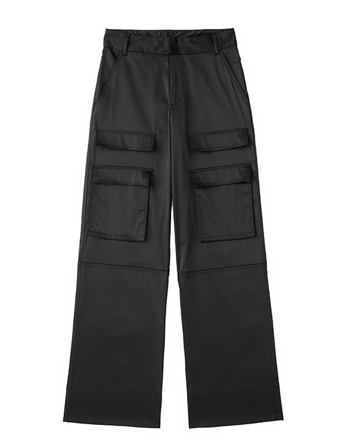 Fashion Black Silk-satin Solid Straight-leg Cargo Trousers