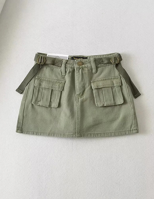 Fashion Armygreen High Waist Denim Skirt With Large Pockets