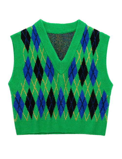Fashion Green Argyle Knit V-neck Tank Top