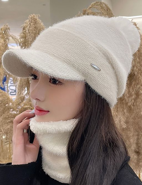 Fashion [hat + Scarf] Milk White Knitted Wool Ball Baseball Cap