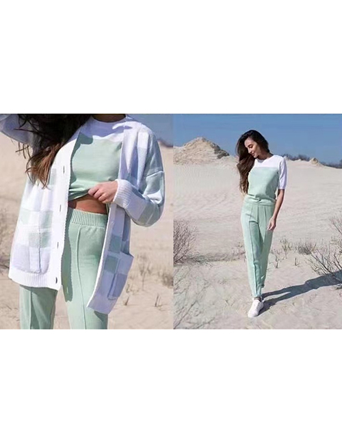 Fashion Green Wool Knit Crew Neck Short Sleeve Check Cardigan Trousers Set
