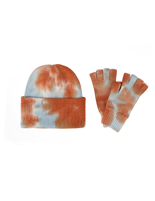 Fashion Orange Tie Dye Suit Wool Knit Tie Dye Pullover Hat Half Finger Glove Set