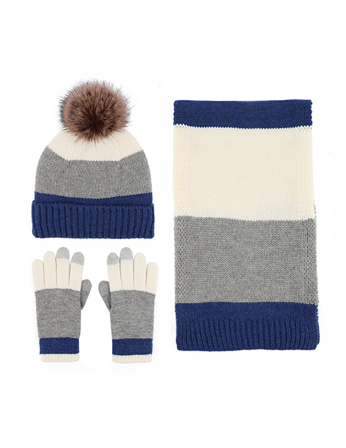 Fashion White + Gray + Blue [three-piece Set] Acrylic Knit Striped Five Finger Gloves Scarf Pullover Hat Set