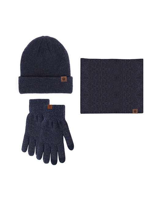 Fashion Dark Blue Three-piece Suit Alpaca Knitted Five Finger Gloves Scarf Pullover Hat Three Piece Set