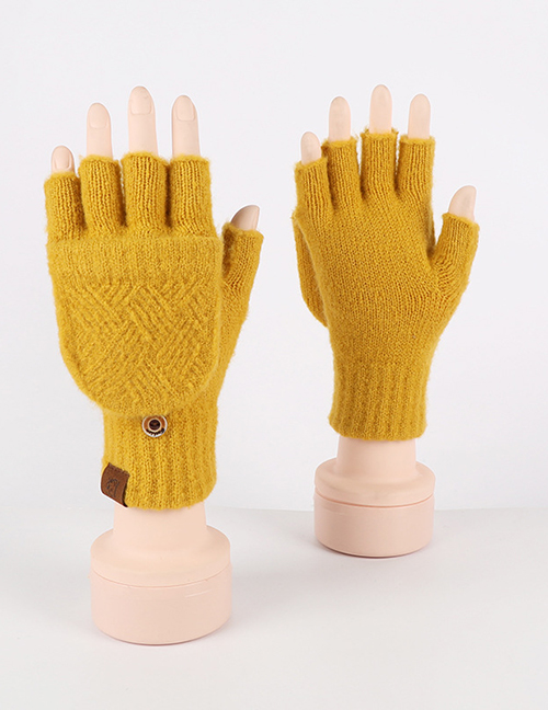 Fashion Lemon Yellow Faux Wool Knit Diamond Half Finger Flap Gloves