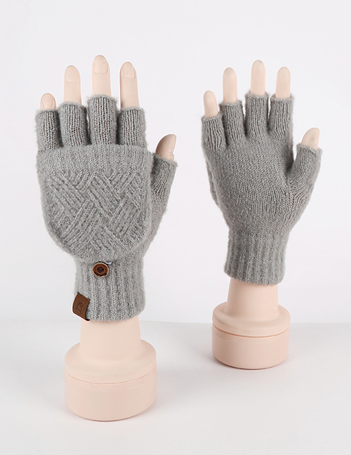 Fashion Grey Faux Wool Knit Diamond Half Finger Flap Gloves