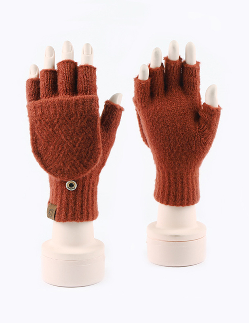 Fashion Caramel Faux Wool Knit Diamond Half Finger Flap Gloves
