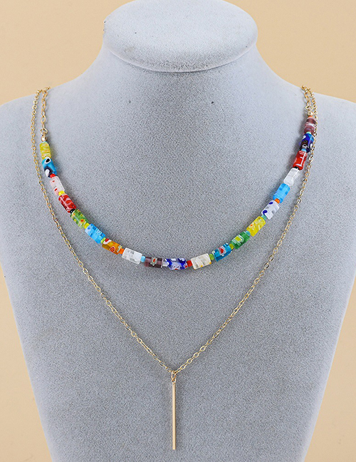 Fashion Gold Alloy Glass Beaded Chain Y Shape Double Layer Necklace