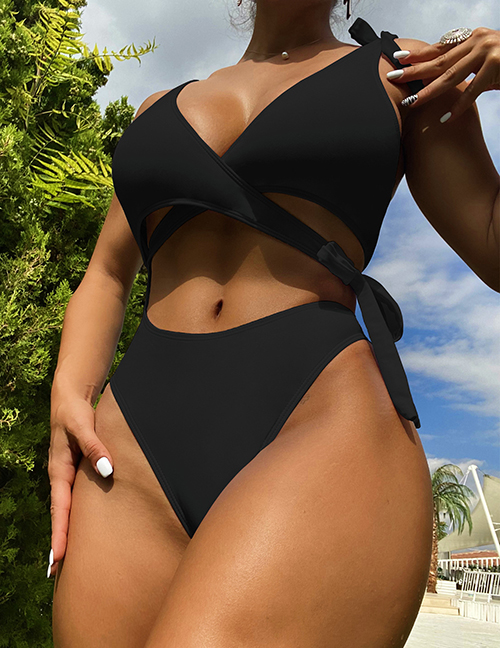 Fashion Black Solid Color Cutout Tie Swimsuit