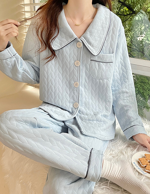 Fashion 77014 Blue Princess Collar Musical Note Cotton Sandwich Air Cotton Maternity Nursing Pajamas Set