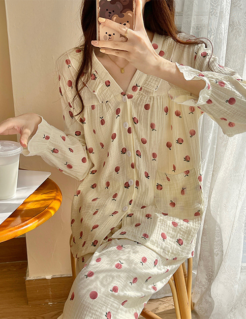 Fashion V-neck Peach Cotton Long-sleeved Double Gauze Print Pajama Set