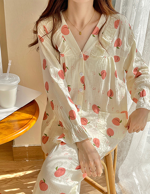 Fashion V-neck Big Peach Cotton Long-sleeved Double Gauze Print Pajama Set