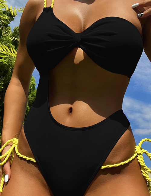 Fashion Black Nylon One-shoulder Cutout One-piece Swimsuit