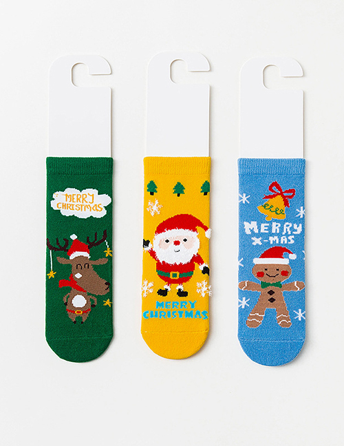 Fashion Green:yellow And Blue—034 3 Pairs Of Batches Cotton Christmas Print Socks Set