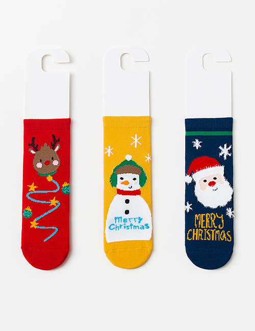 Fashion Red:yellow And Blue—045 3 Pairs Of Batches Cotton Christmas Print Socks Set