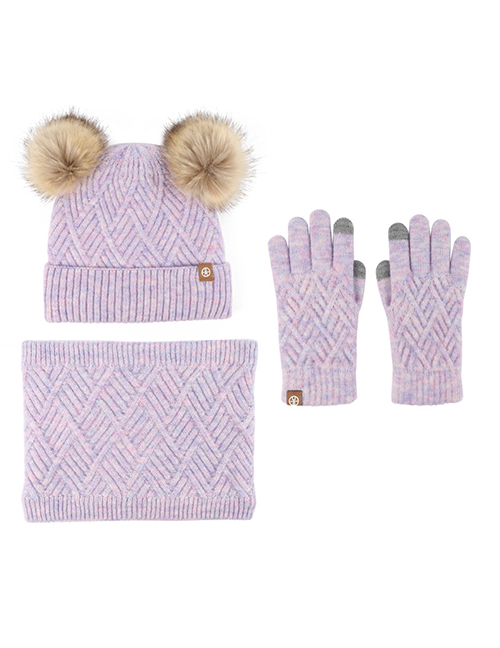 Fashion Purple Three-piece Suit Acrylic Knit Plush Ball Hood Scarf Gloves Three Piece Set