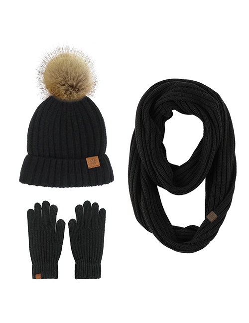 Fashion Black Three-piece Suit Acrylic Knit Plush Ball Hood Scarf Gloves Three Piece Set