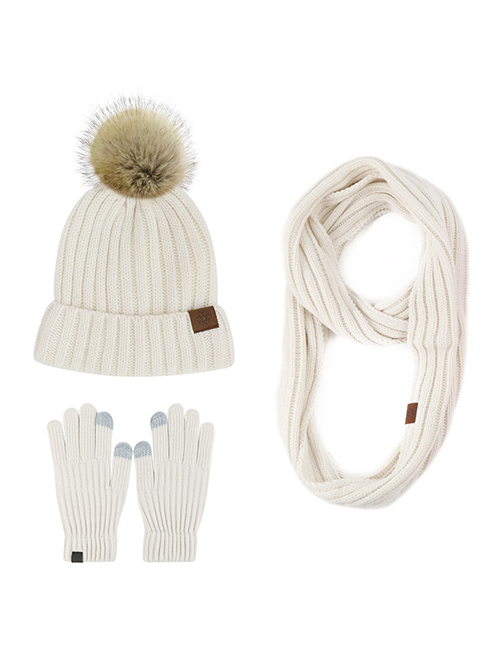 Fashion Milk White Three-piece Suit Acrylic Knit Plush Ball Hood Scarf Gloves Three Piece Set