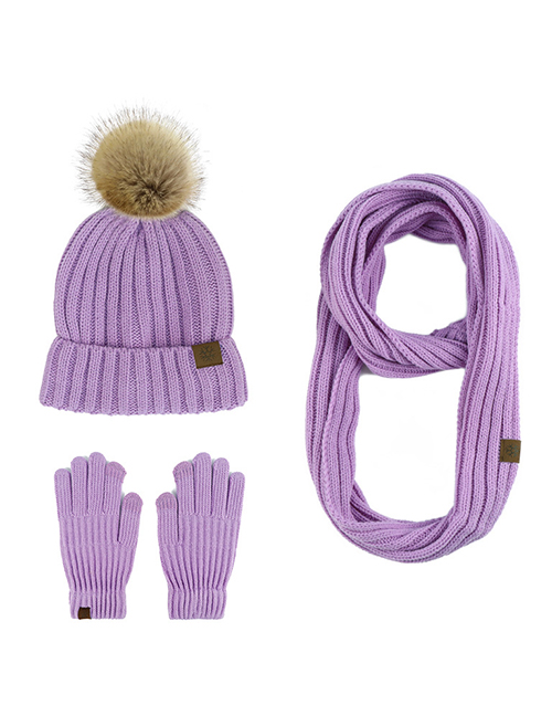 Fashion Light Purple Three-piece Suit Acrylic Knit Plush Ball Hood Scarf Gloves Three Piece Set