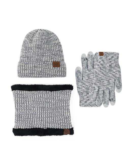 Fashion Medium Gray + Light Gray Three-piece Suit Chenille Knit Label Scarf Hooded Gloves Three-piece Set