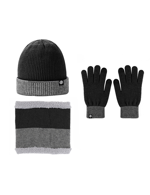 Fashion [black + Dark Gray] Three-piece Set For Double-sided Wear Acrylic Knit Labeled Scarf Hat Gloves Three Piece Set
