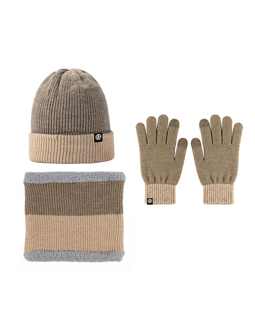 Fashion [camel + Beige] Three-piece Double-sided Wear Acrylic Knit Labeled Scarf Hat Gloves Three Piece Set