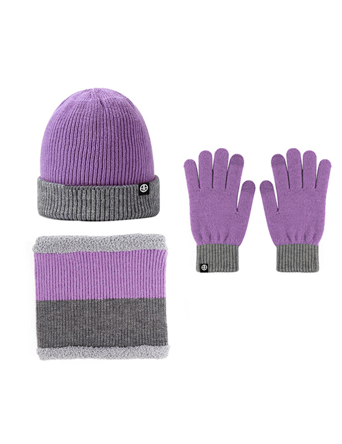 Fashion [purple + Gray] Three-piece Suit For Double-sided Wear Acrylic Knit Labeled Scarf Hat Gloves Three Piece Set