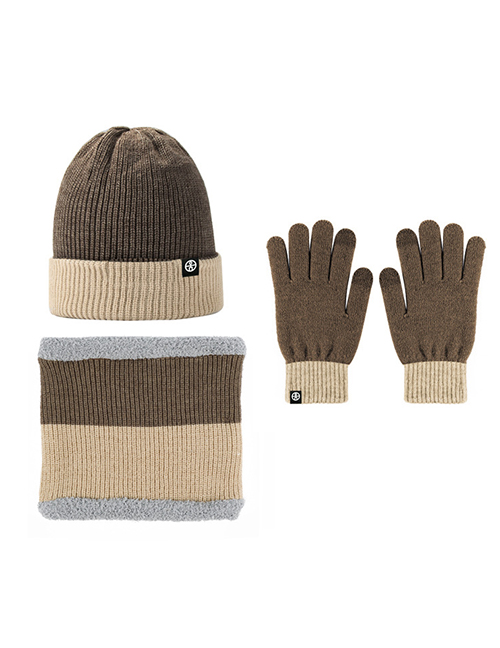 Fashion [coffee + Beige] Three-piece Double-sided Wear Acrylic Knit Labeled Scarf Hat Gloves Three Piece Set