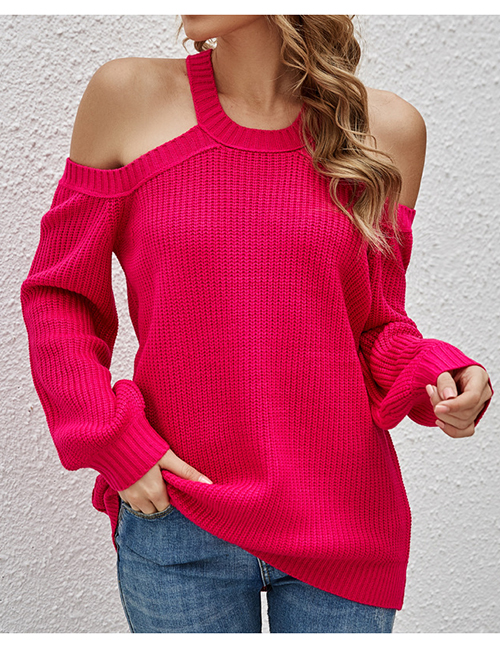 Fashion Rose Red Off-the-shoulder Knitted Long-sleeve Sweater