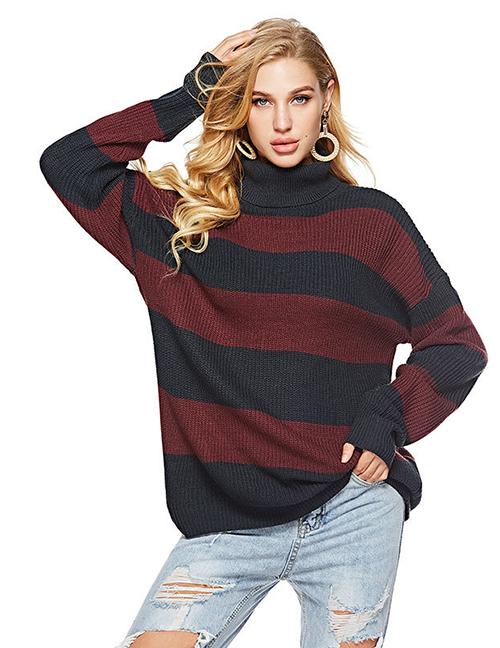 Fashion Red And Blue Stripes Blend Turtleneck Knit Striped Sweater