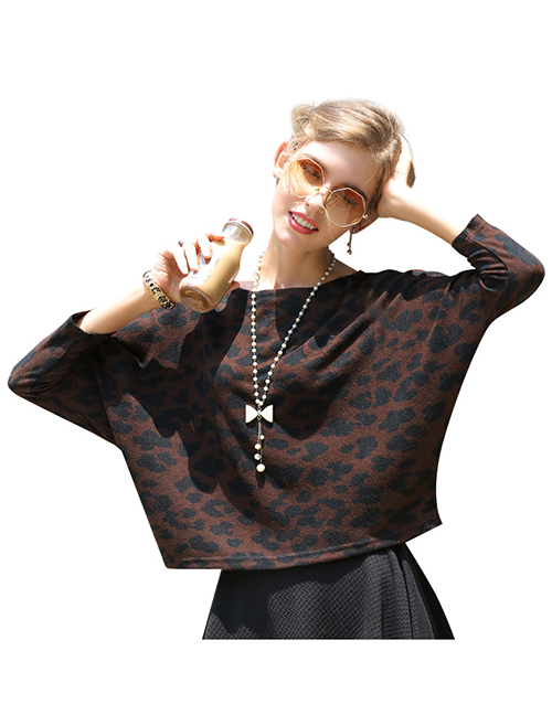 Fashion Brown Polyester Leopard-print Dolman-sleeve Knitted Top