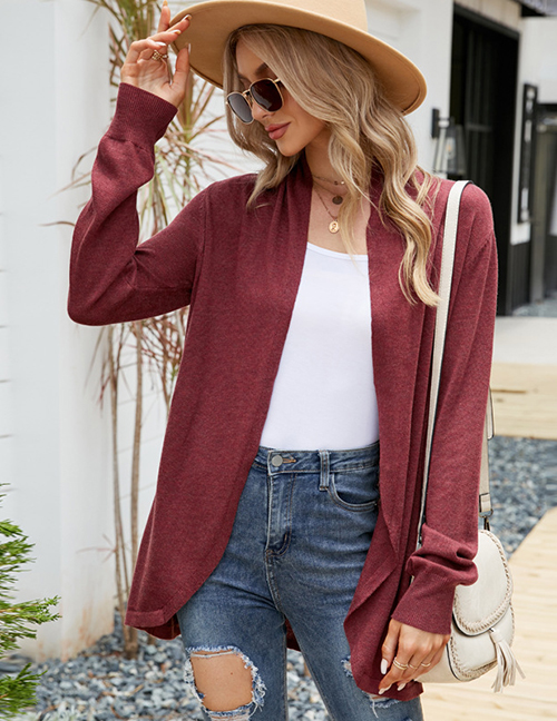 Fashion Claret Solid Color Long Sleeve Knit Cardigan