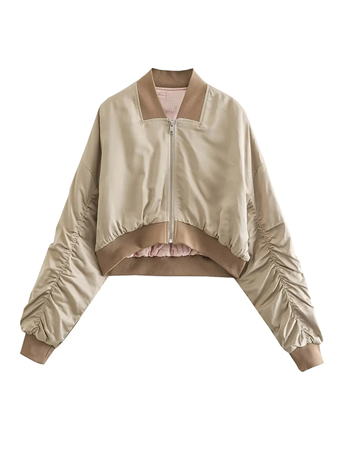 Fashion Apricot Silk Satin Texture Short Pilot Jacket Jacket