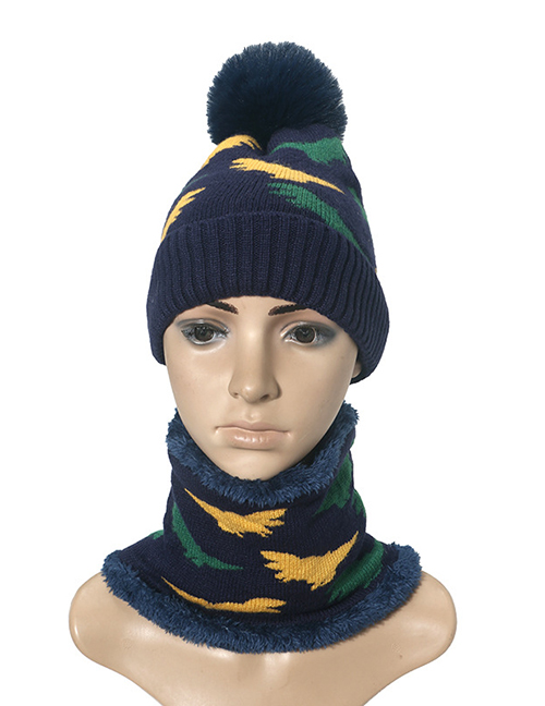 Fashion Navy Blue Dinosaur Jacquard Plus Fluff Ball Knitted Hat Scarf Set
