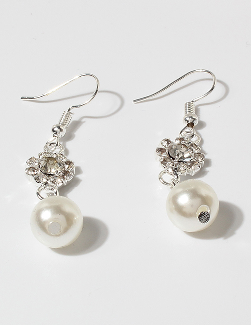 Fashion Silver Floral Pearl Drop Earrings With Diamonds In Metal
