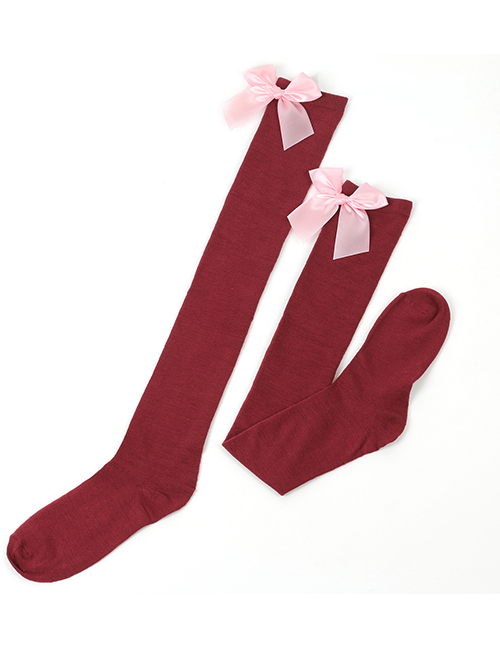 Fashion Wine Red 17-light Pink Knot Polyester Knit Bow Tall Socks