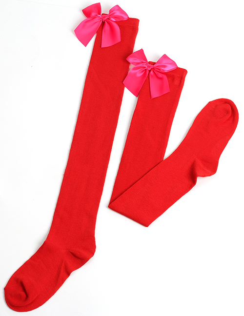Fashion Big Red 25-rose Knot Polyester Knit Bow Tall Socks