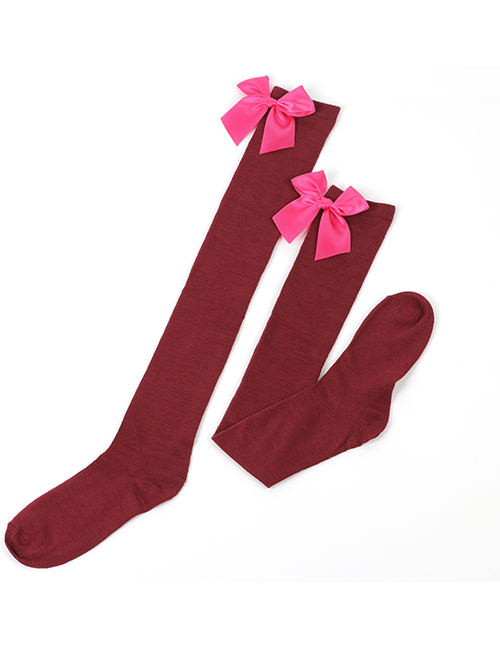 Fashion Burgundy 27-rose Knot Polyester Knit Bow Tall Socks