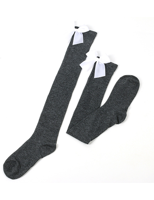 Fashion Dark Grey 44 - White Knot Polyester Knit Bow Tall Socks