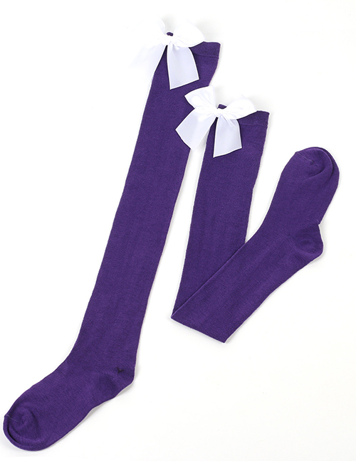 Fashion Purple 49 - White Knot Polyester Knit Bow Tall Socks