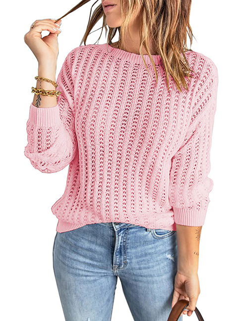 Fashion Pink Knit Crew Neck Cutout Sweater