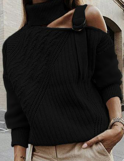 Fashion Black Solid Knit One-shoulder Turtleneck